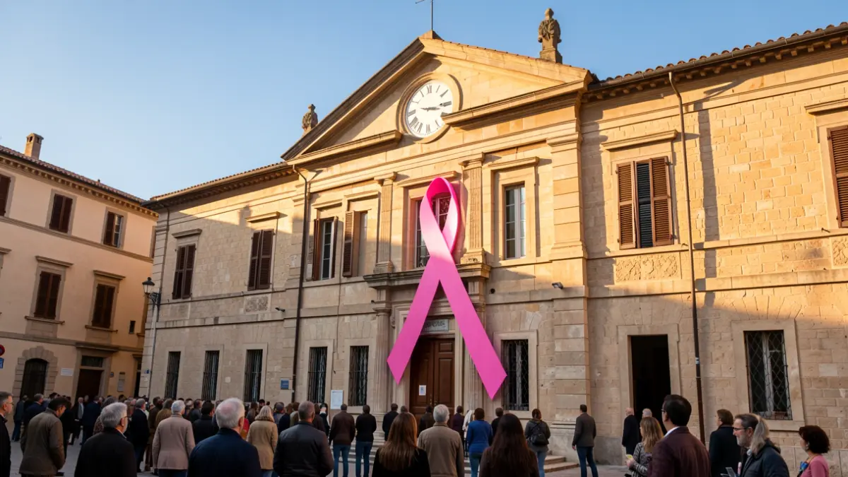Imatge genèrica d'un gran llaç rosa col·locat a la façana d'un edifici municipal, amb el rellotge il·luminat de rosa.