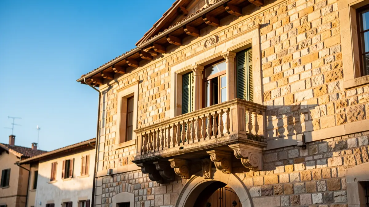 Facade of a Mediterranean town hall with a balcony and afternoon light.