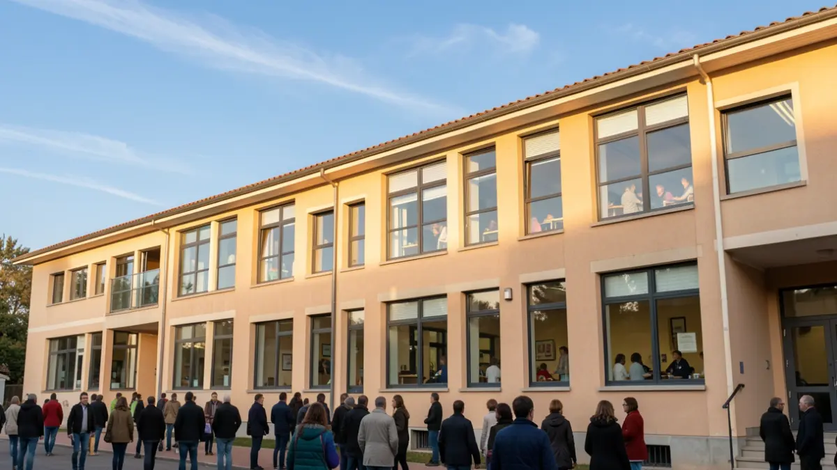 Imatge genèrica d'un edifici escolar modern sota un cel blau.