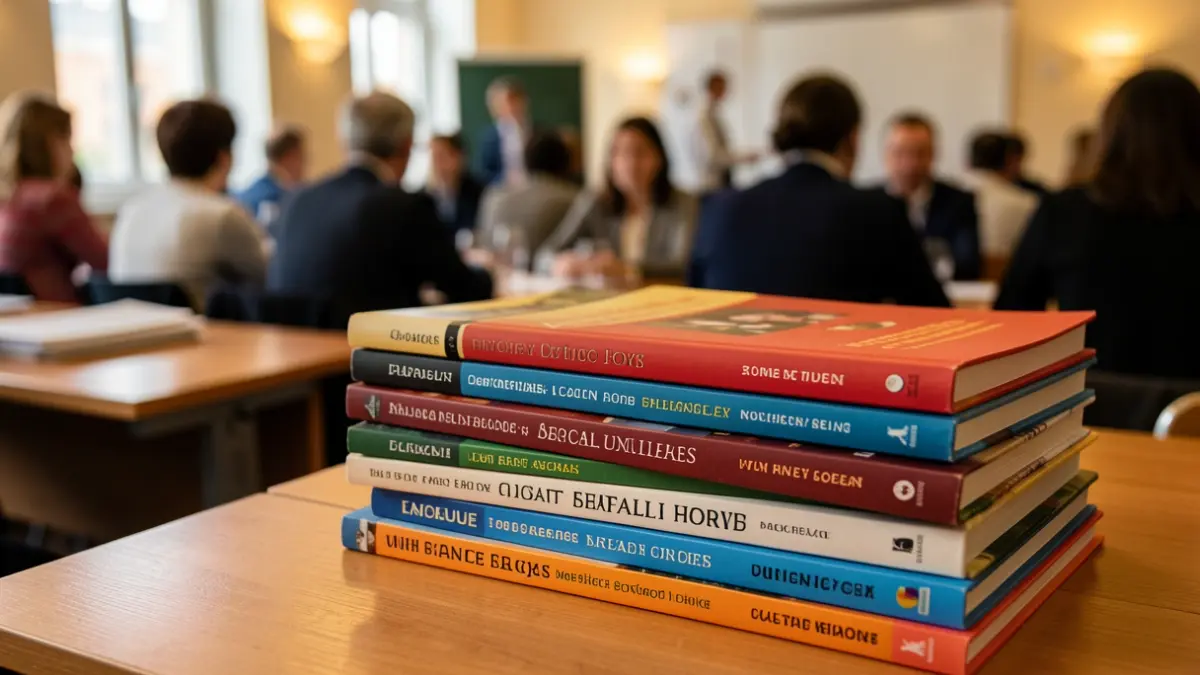 Generic image of books on a table with a blurred background.