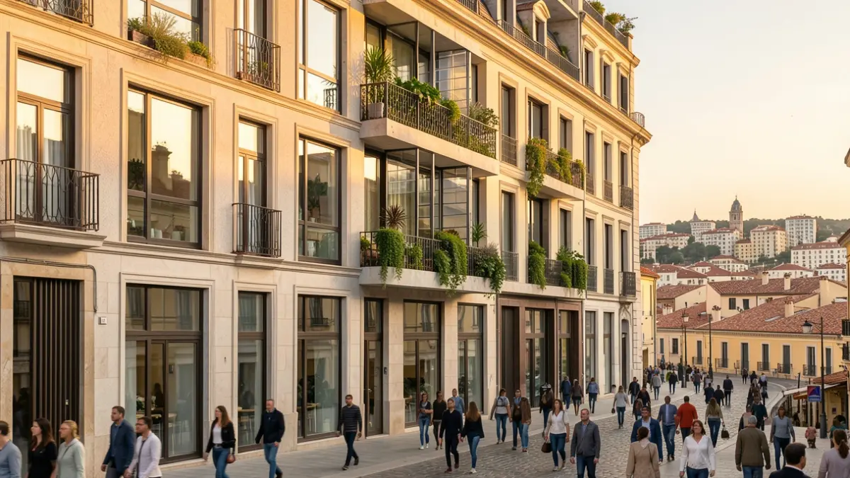 Imagen genérica de un proyecto de rehabilitación urbana con un edificio histórico renovado y elementos verdes.