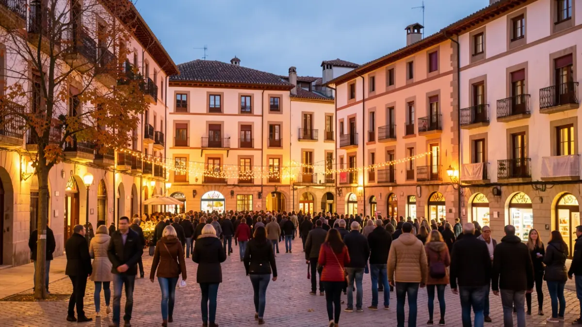 Imatge genèrica d'una plaça de poble català a la tarda, amb llums càlides i gent al fons.