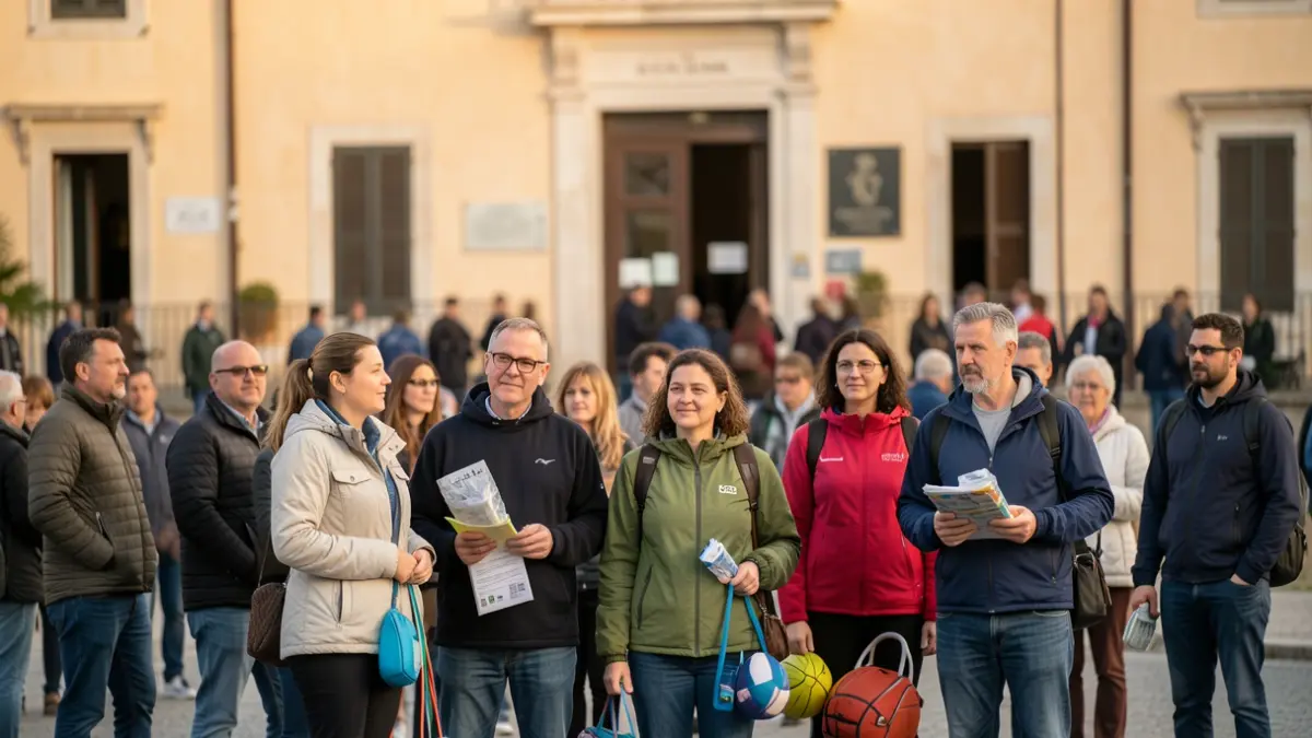 Generic image of volunteers with medical and sports supplies in front of an institutional building.
