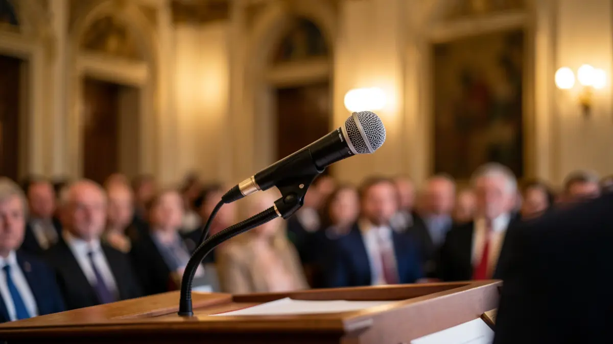 Generic image of a microphone on a podium in a formal room.