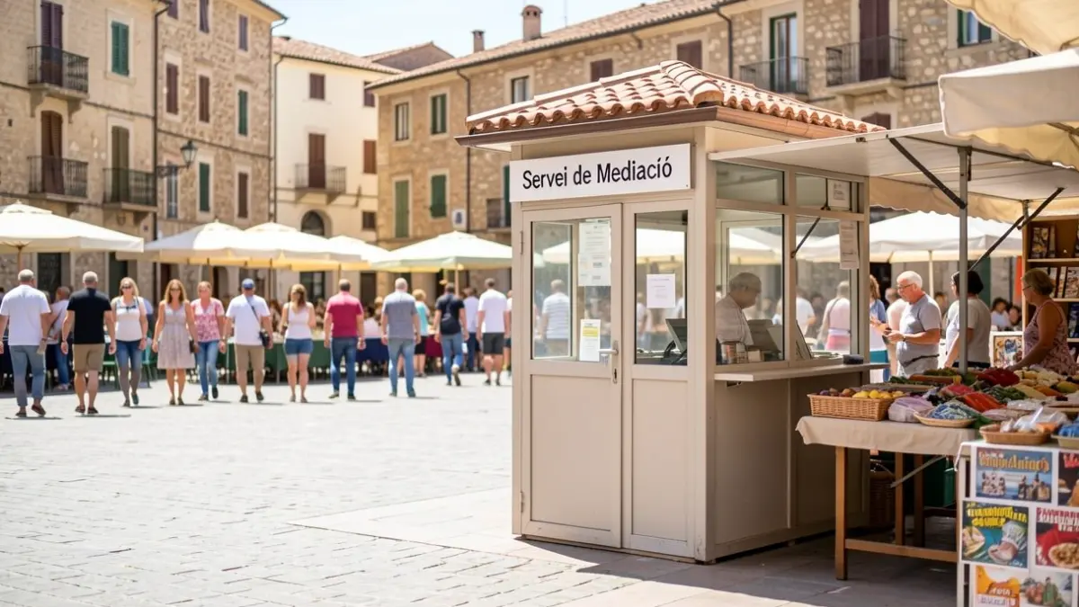 Parada informativa del Servicio de Mediación del Ayuntamiento de Badia del Vallès en una plaza.