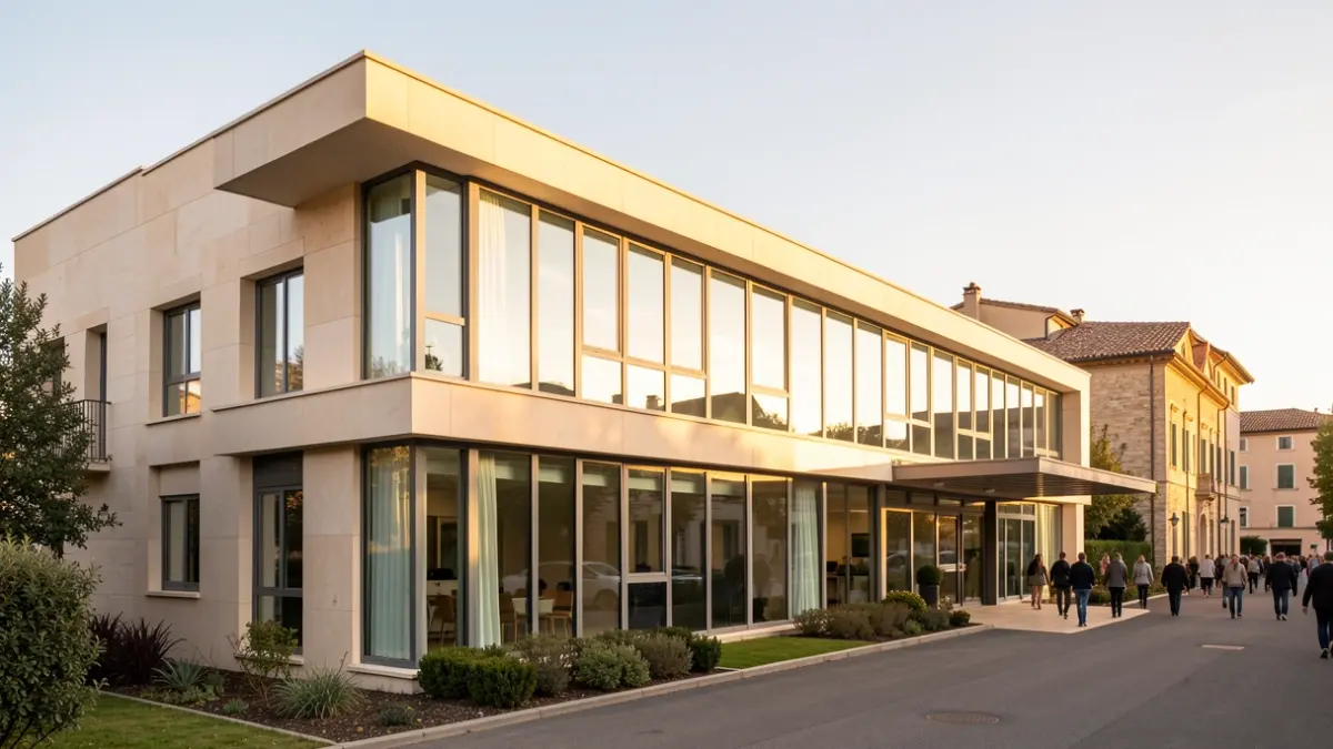Annex building to the Calella Hospital with warm sunlight.