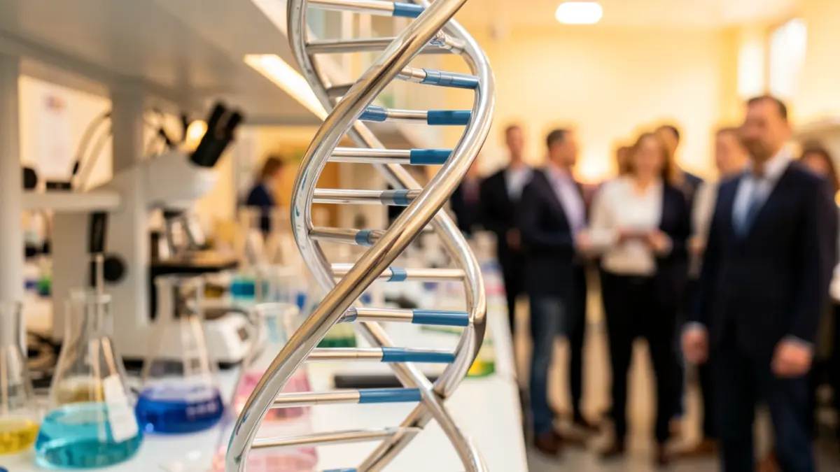 Imatge genèrica d'un model d'hèlix d'ADN amb equipament de laboratori desenfocat al fons.