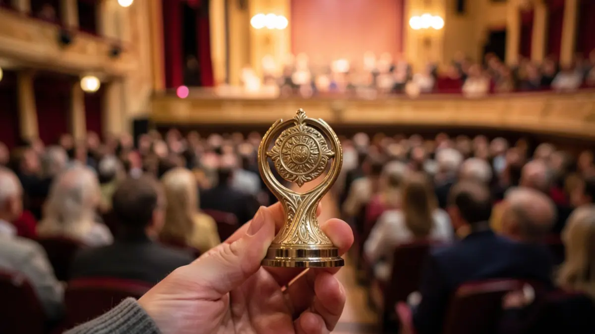 Generic image of an award or trophy being held, with a theater stage in the background.