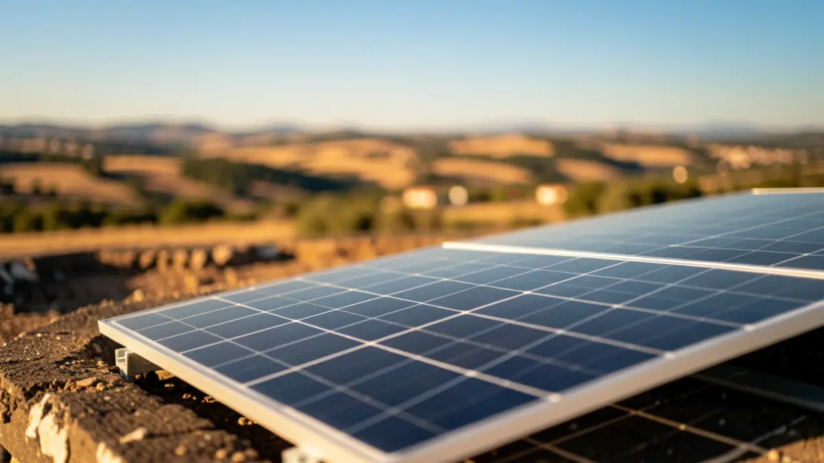 Imatge genèrica d'un panell solar sobre una coberta de dipòsit controlat, amb un paisatge mediterrani al fons.