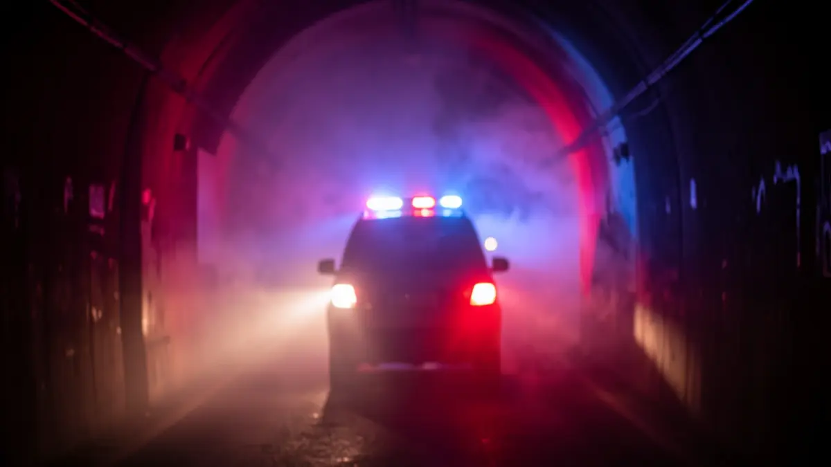 Imagen genérica de un túnel oscuro con humo y luces de emergencia.