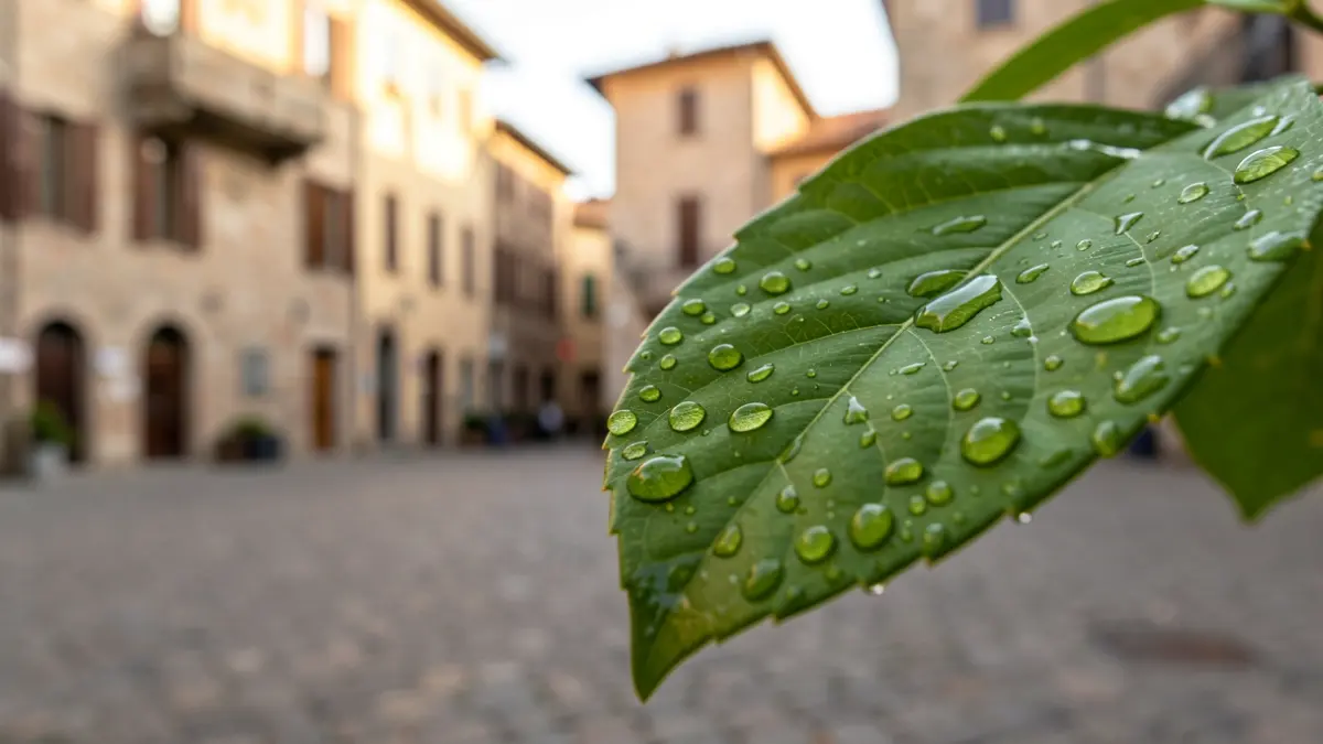 Generic image of green leaves with water droplets and a traditional urban setting.