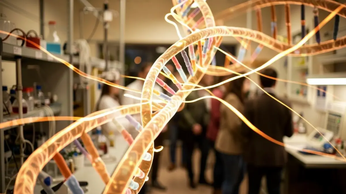 Generic image of DNA strands and abstract lines representing gene activity in a laboratory setting.