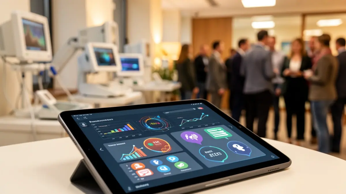 Generic image of a digital tablet displaying health data and social icons, in a healthcare setting.