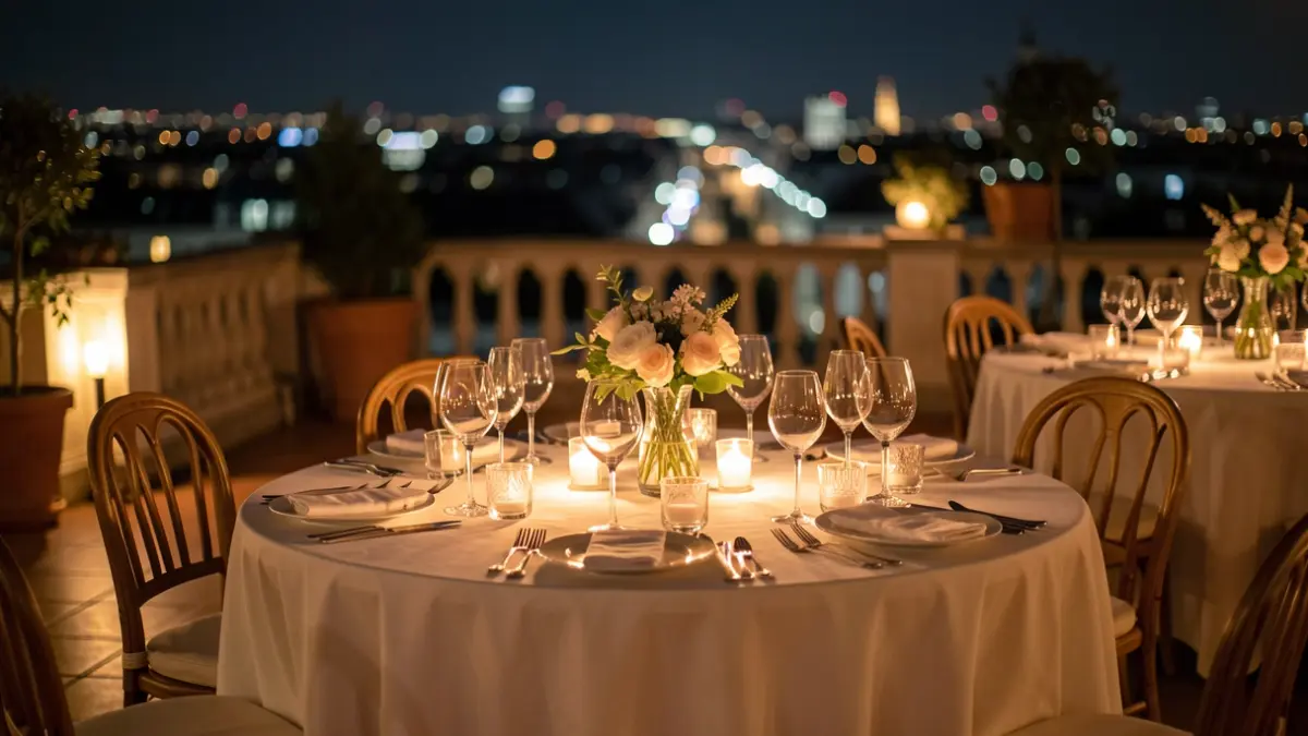 Generic image of a rooftop charity dinner with night lights.