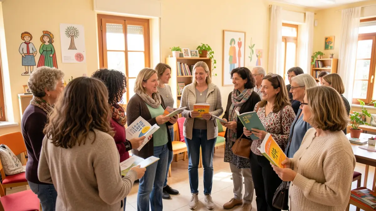 Women of various ages and ethnicities participating in a Catalan language learning activity at a community center in Granollers.