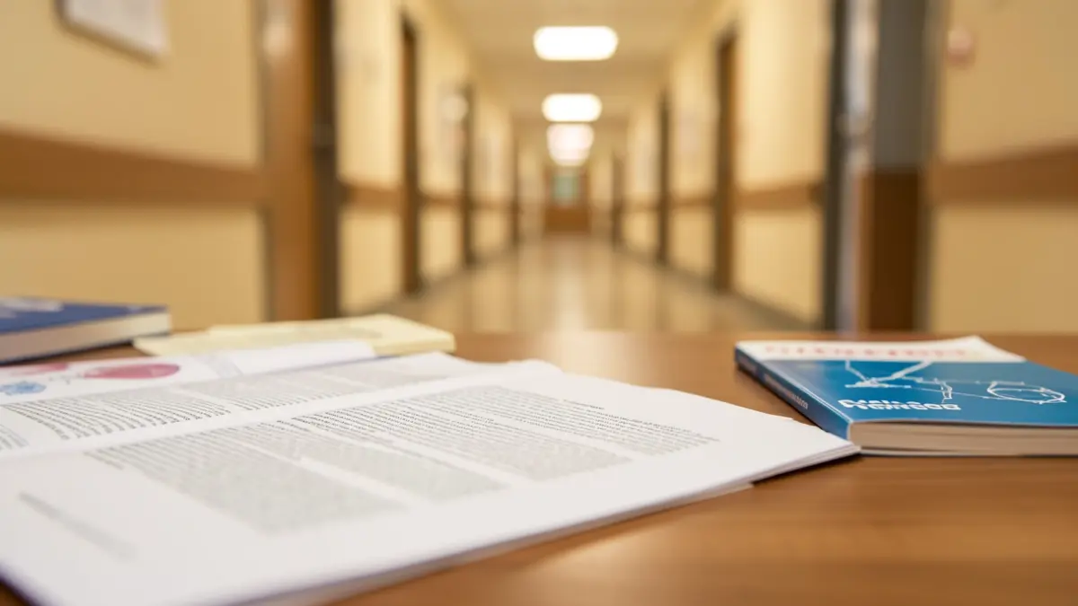 Generic image of medical research papers and scientific journals on a desk.