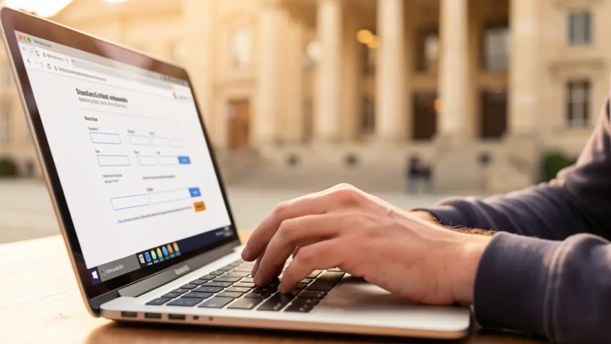 Student using a laptop to apply for a university scholarship.