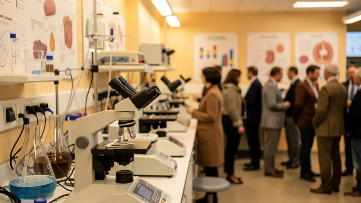 Imagen genérica de laboratorio médico con equipamiento avanzado y gráficos científicos.