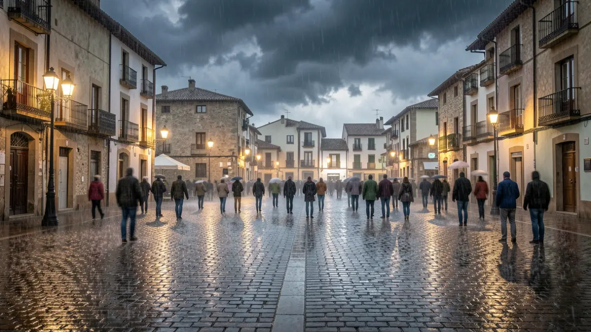 Generic image of heavy rain falling on a deserted town square, with blurred streetlights and a stormy sky.
