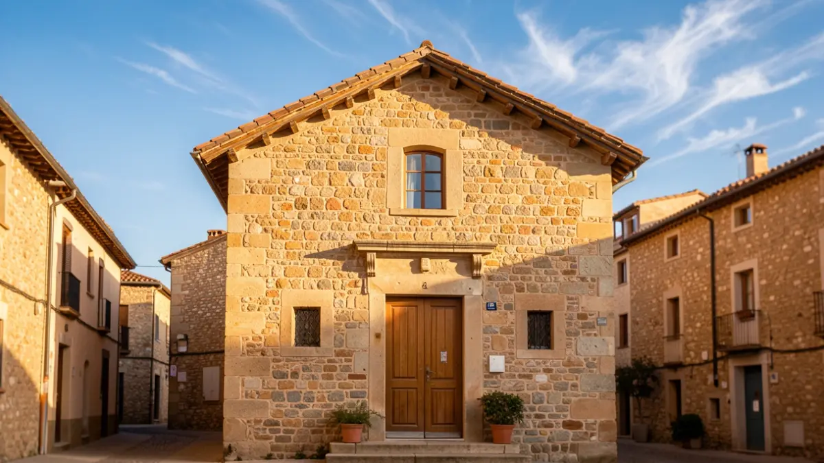 Ayuntamiento de Susqueda con sol de tarde.