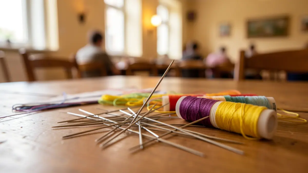Sewing needles and colorful threads on wood.