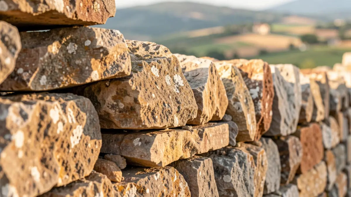 Generic image of dry stone wall construction with irregular stones and warm lighting.