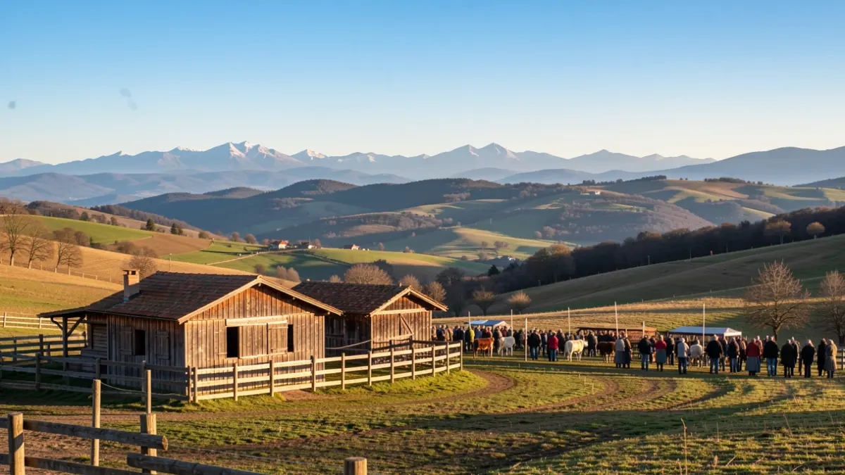 Paisatge de la Cerdanya amb corrals per a una fira ramadera.