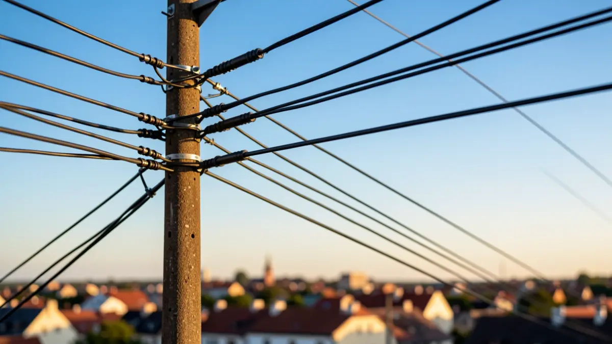 Generic image of electrical wires and a utility pole with a blurred town in the background.
