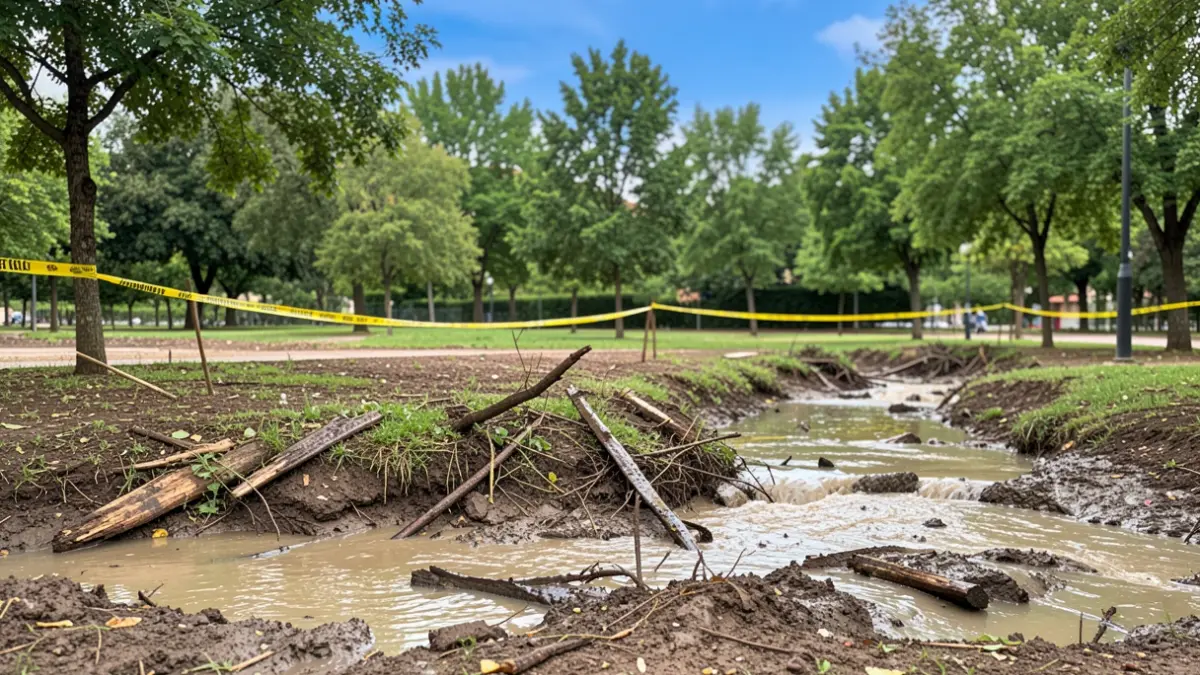 Imatge genèrica de la zona d'un parc afectada per pluges torrencials, amb terra fangosa i cintes de precaució.