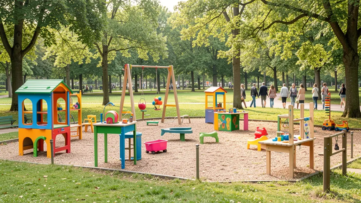 Imagen genérica de una zona de juegos infantiles en un parque con elementos de actividades y talleres.