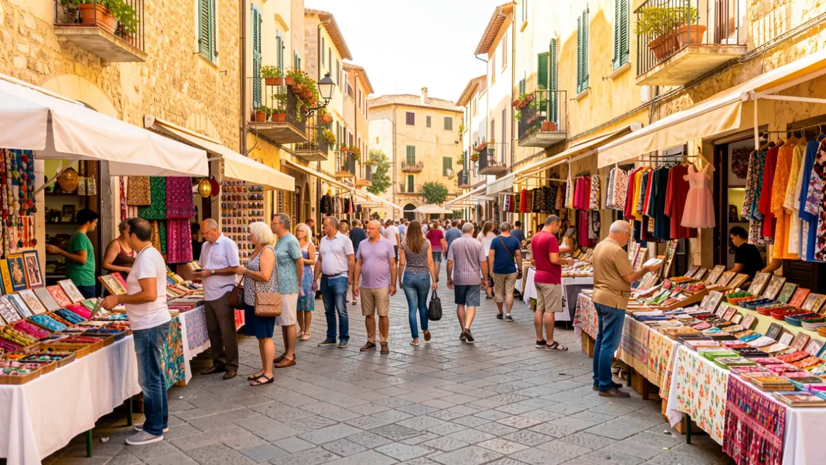 Scene of a lively commercial street in Pacs del Penedès with local shops and citizens.