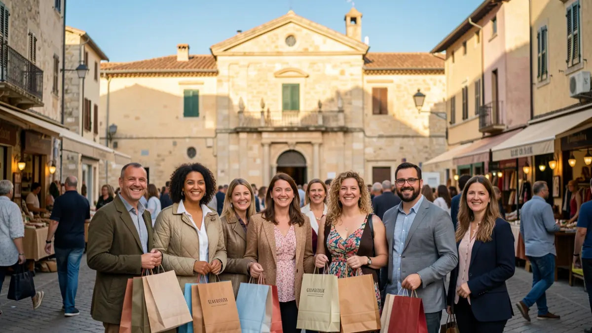 Imagen genérica de personas sonrientes con bolsas de compra delante de un ayuntamiento mediterráneo.