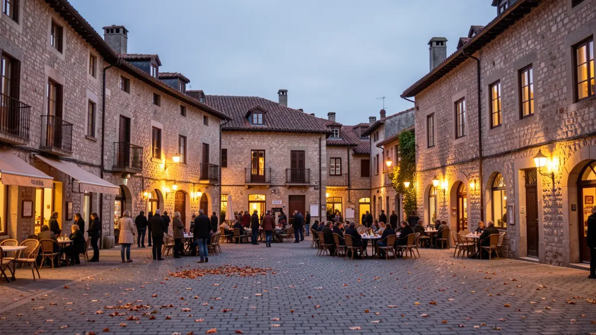 Generic image: with warm lights and stone architecture.