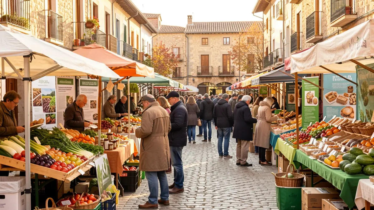 Imatge genèrica d'una fira de medi ambient a una plaça de poble català amb parades de productes ecològics i activitats.