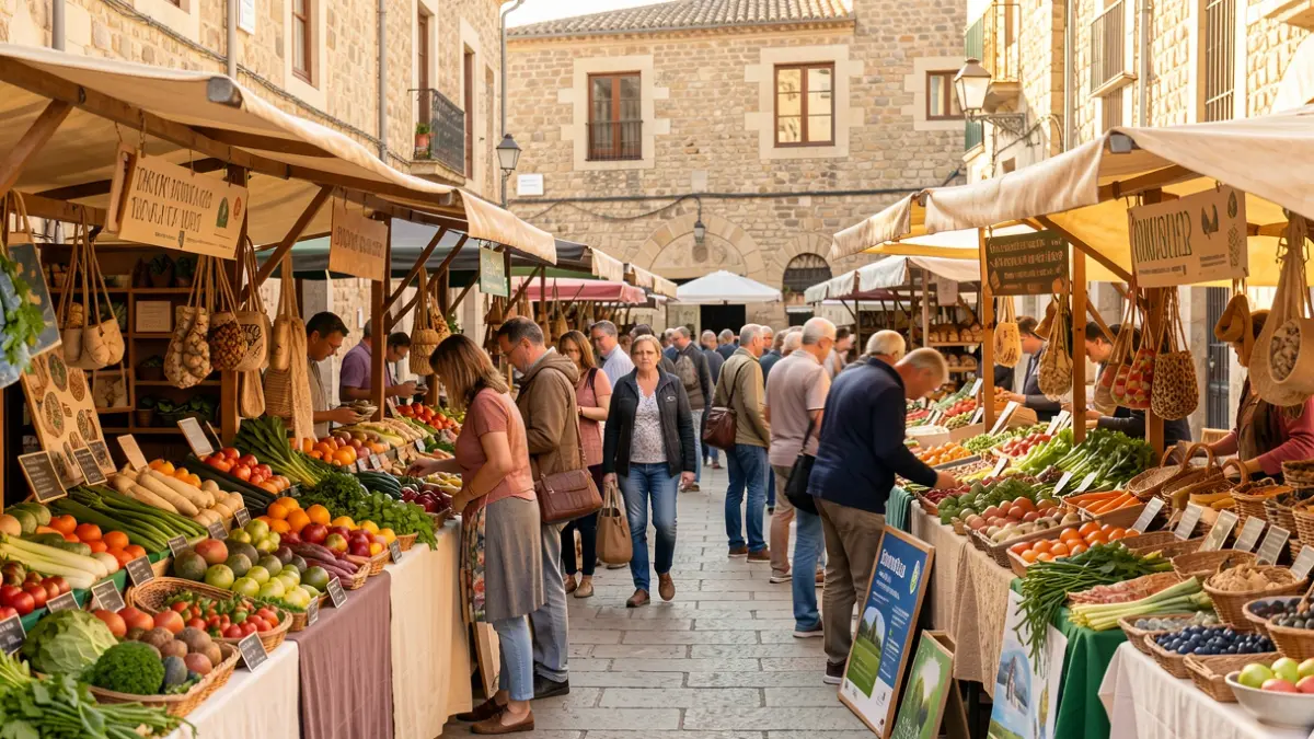 Generic image of an environmental fair in Tàrrega with stalls of organic products and crafts.