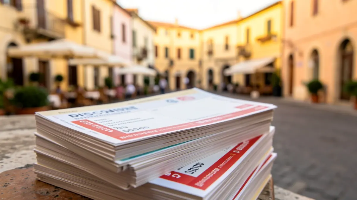 Generic image of discount vouchers with a blurred background of a Mediterranean town square.