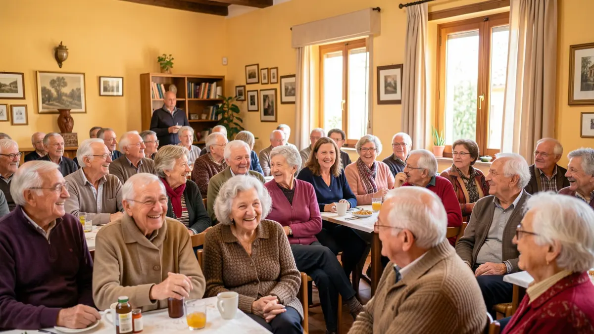 Generic image of a group of elderly people gathered in a community space in Catalonia, with a warm and festive atmosphere.