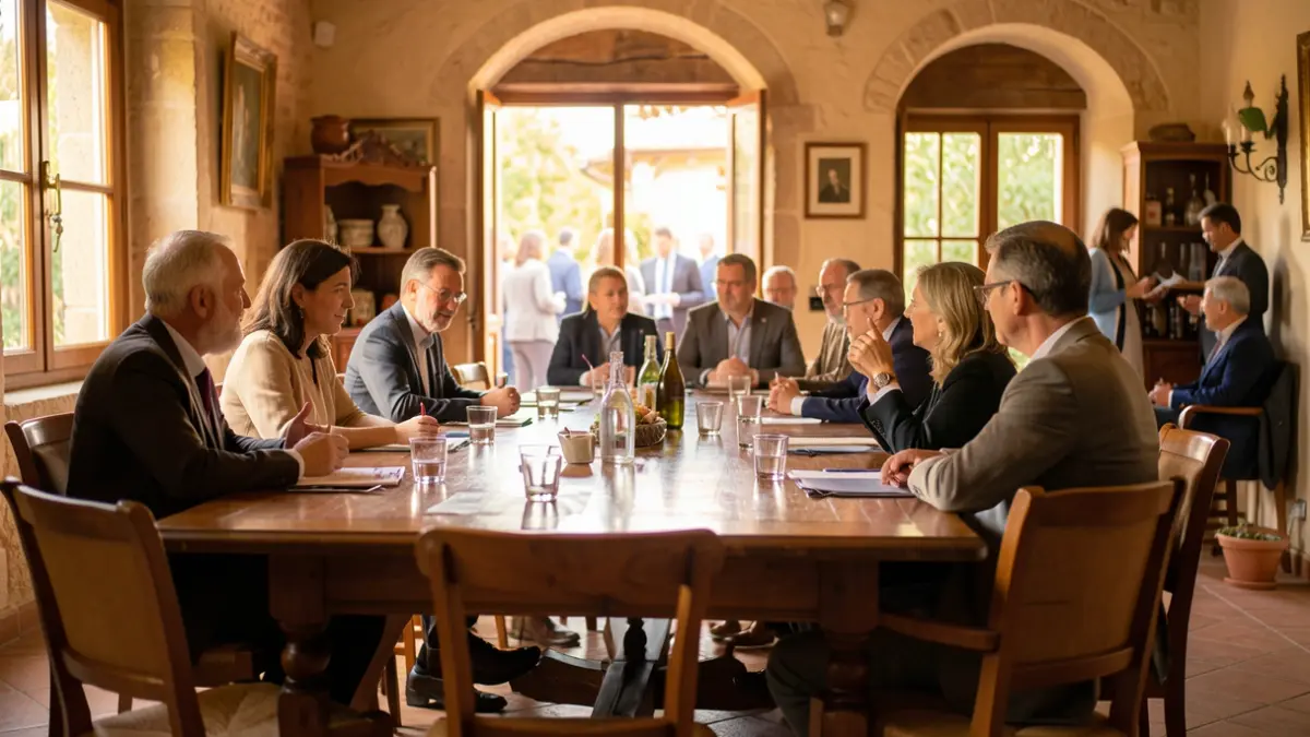 Mesa de reunión con participantes en una sala de estilo mediterráneo.