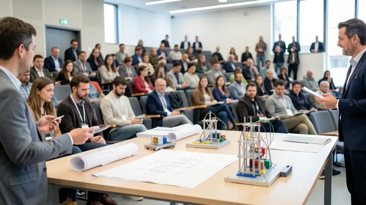 Estudiantes y profesores presentando proyectos de ingeniería en el TecnoCampus de Mataró.