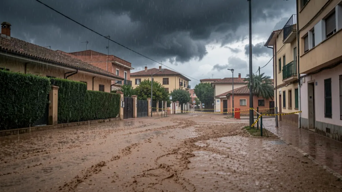 Imatge genèrica de ciutat catalana afectada per un temporal de pluja amb carrers inundats i equipaments tancats.