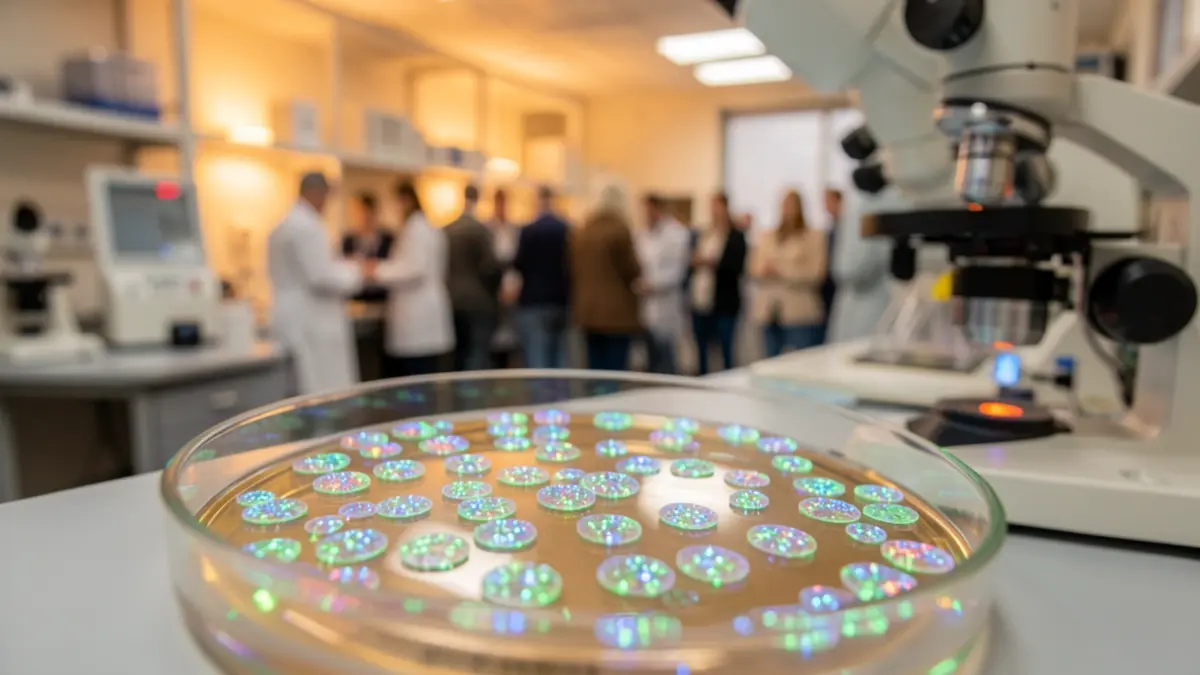 Generic image of glowing cells in a laboratory.