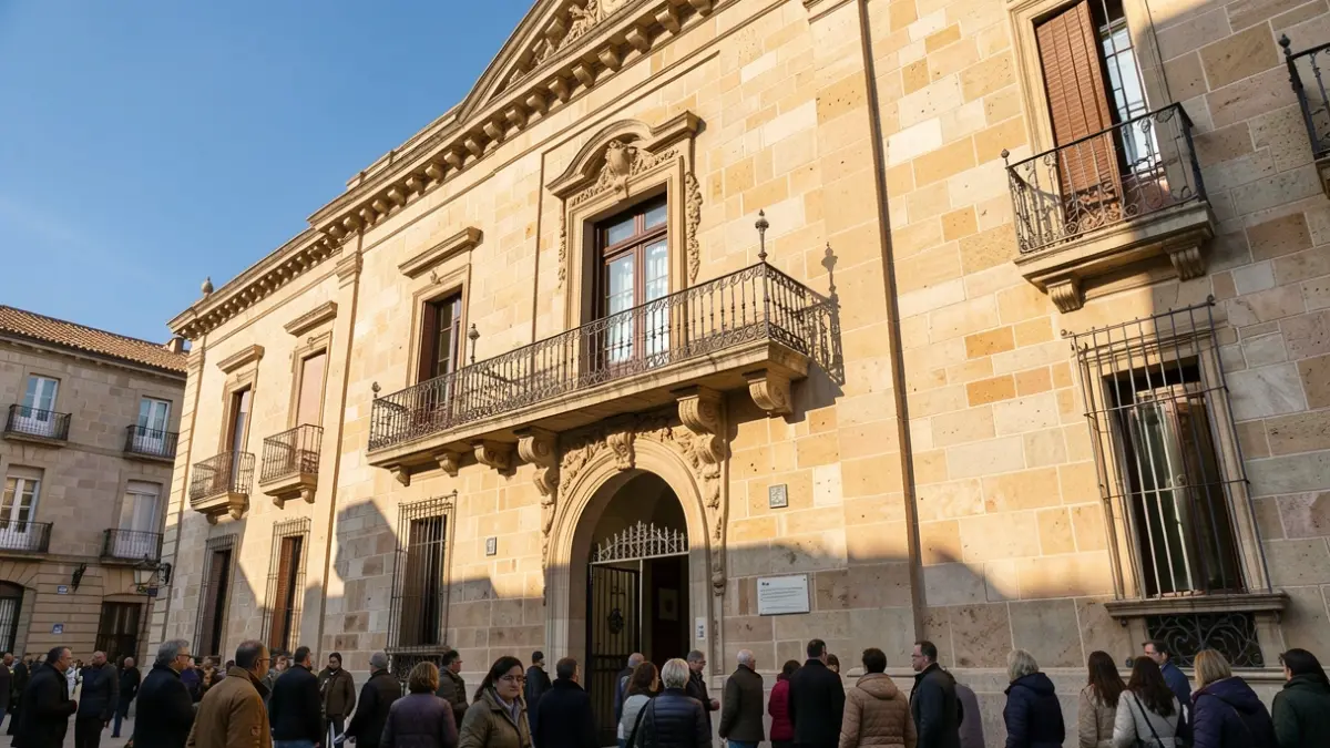 Generic image of a Catalunya town hall facade with balcony and iron railings, warm afternoon light, and blue sky.