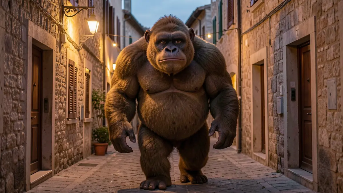 Giant figure of Pakonstein walking through the old streets of Tiana at dusk.