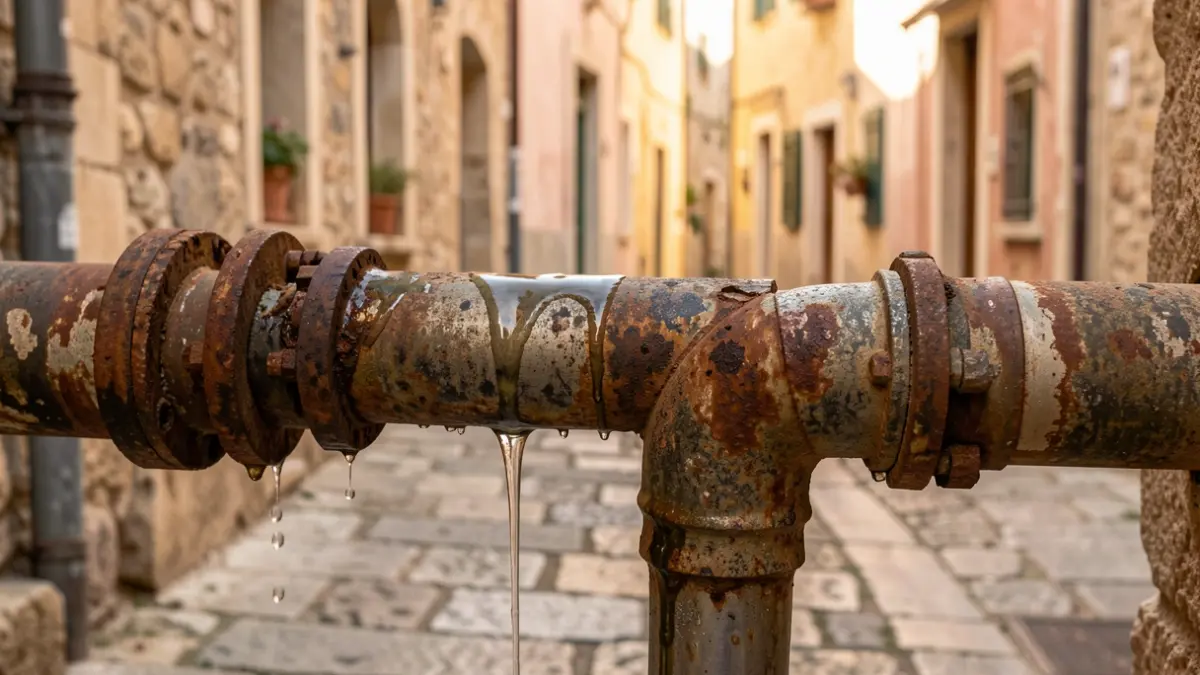 Generic image of old, corroded water pipes with leaks, on a Mediterranean town street.