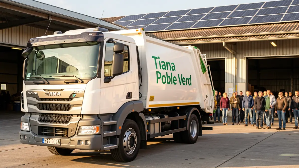 Nuevo camión de recogida de residuos con el logo 'Tiana Poble Verd'.