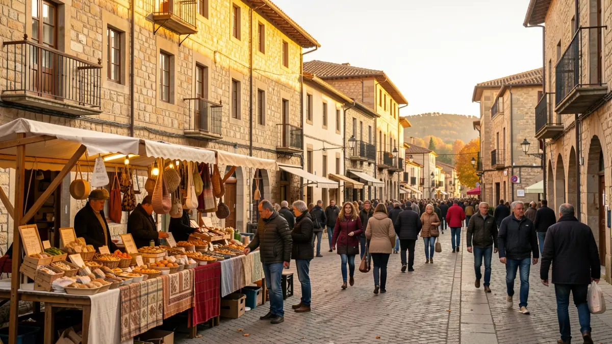 Imatge genèrica d'una plaça de poble català amb un mercat d'artesania i gastronomia durant la tardor.