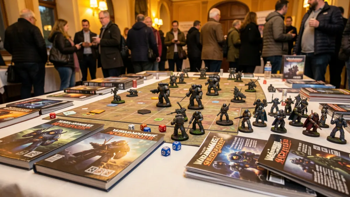 Warhammer 40k game table with miniatures and dice.