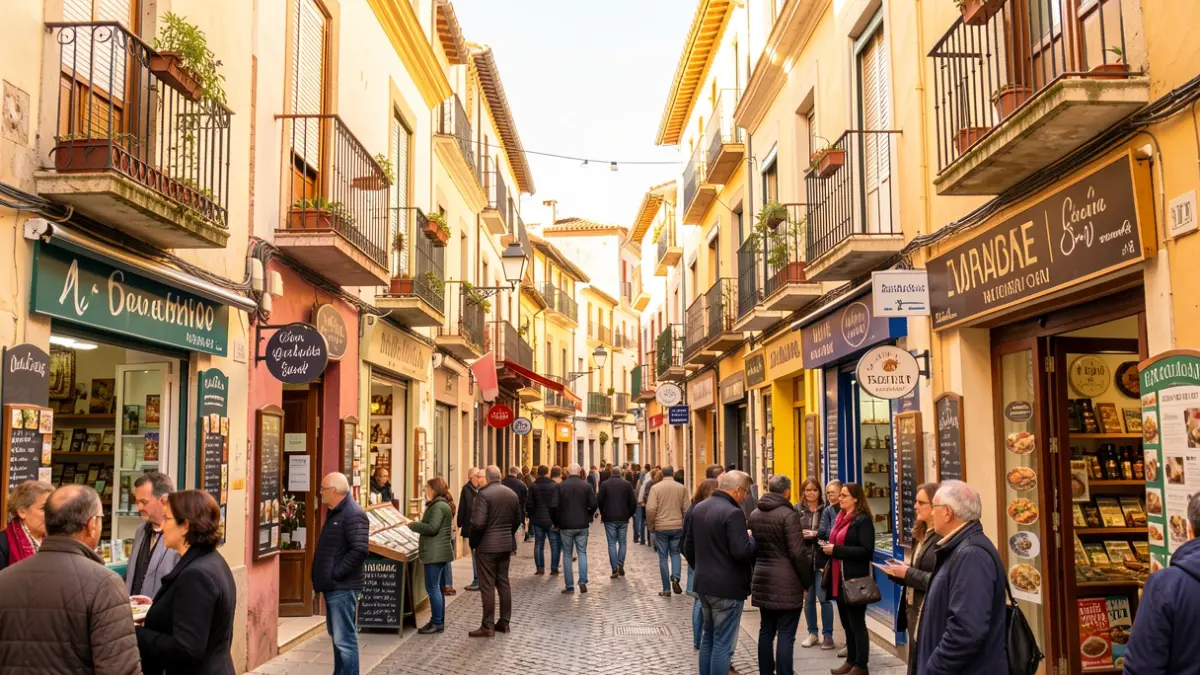 Imatge genèrica d'una escena de carrer animada a una ciutat catalana amb diversos comerços.