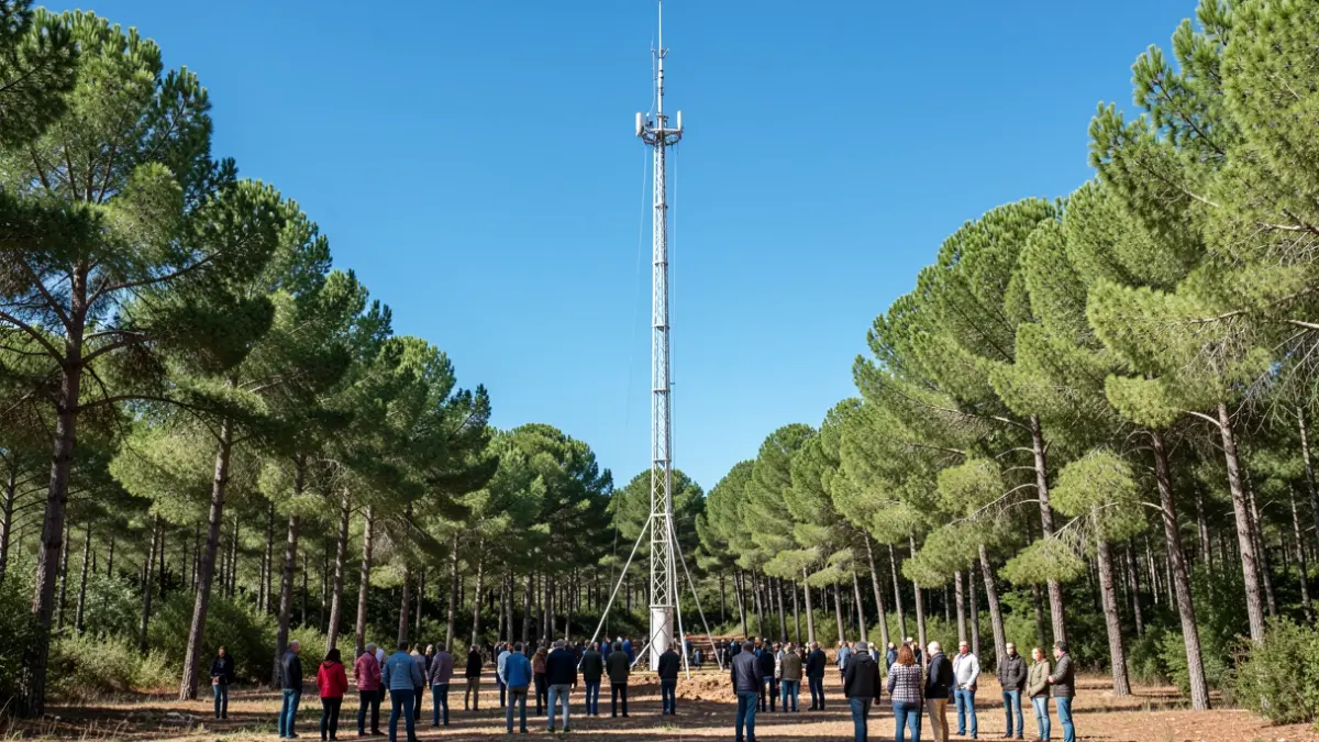 Provisional wind measurement tower installed in a forested area near Socies.
