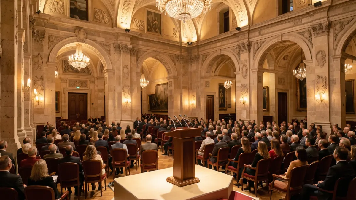 Imatge genèrica d'un saló d'actes amb un escenari preparat per a una cerimònia de lliurament de premis.